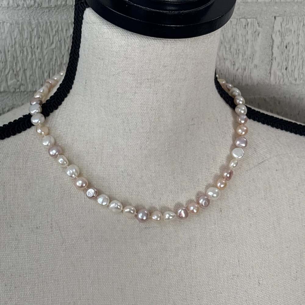 14K yellow gold Pink Cream White Baroque Pearl Necklace 18" Hand Knotted